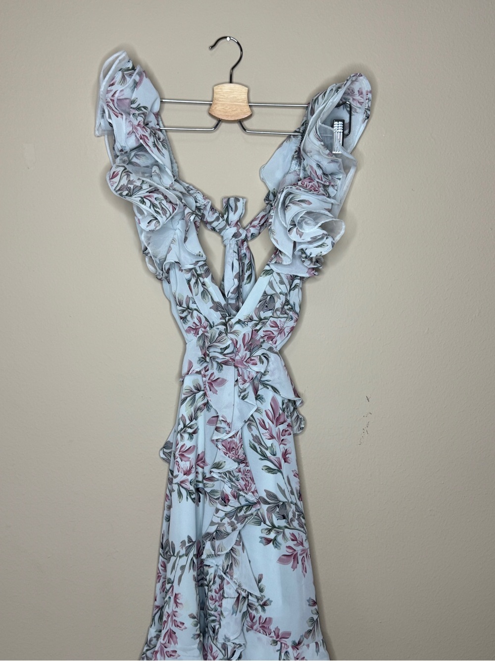 Floral Ruffle Maxi Dress in Pale Blue and Pink